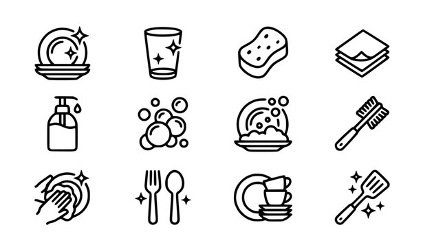 Clean Dishwashing Kitchen Icon Set with Plates Glass Sponge Soap Bubbles and Utensils