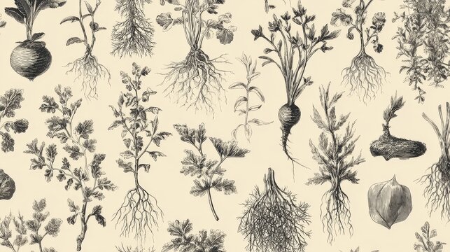Natural medicine themed pattern with continuous arrangement of wild plants, roots, and leaves, drawn in engraved illustration style