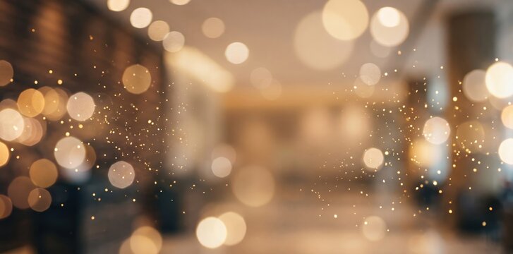 Blurred interior background, featuring soft golden, bokeh circles, glowing, light orbs, and, sparkling dust particles, in a warmly, lit room setting