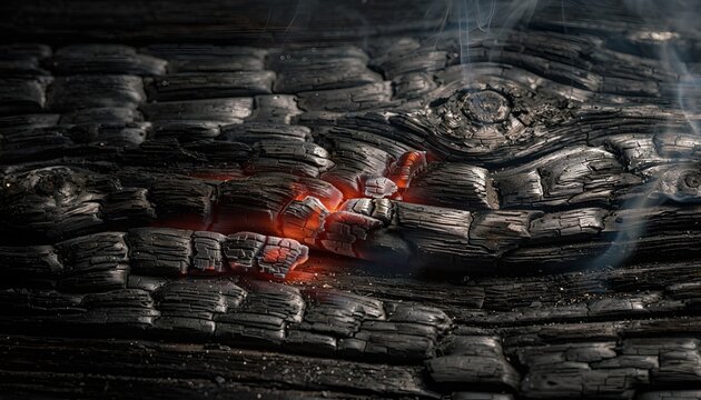 Glowing Embers and Charred Cracks Burning Material