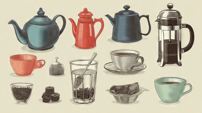 Vector illustration of assorted tea brewing equipment including classic teapot, glass French press, tea cups, and loose-leaf tea icons
