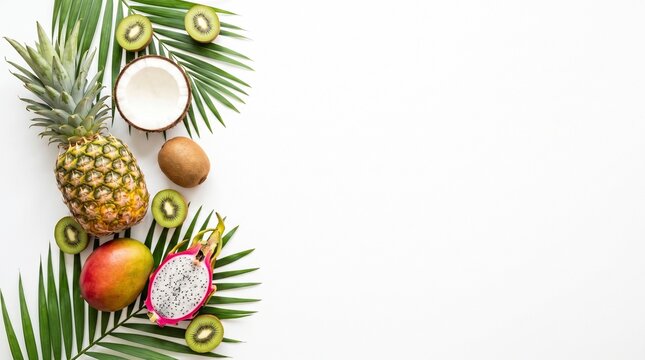 Fresh Tropical Fruit Composition with Pineapple, Mango, Dragon Fruit, Coconut and Kiwi on a White Background with Palm Leaves