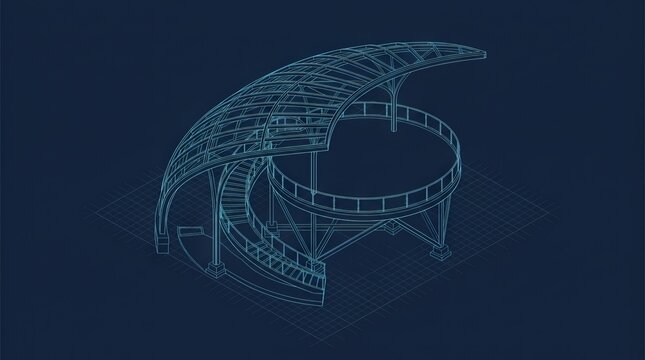 Isometric wireframe drawing of a modern circular