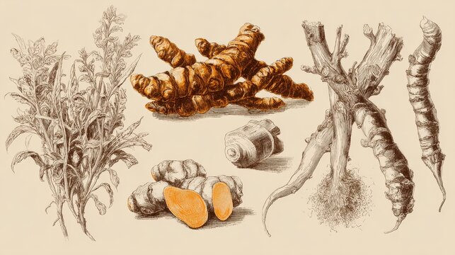 Collection of turmeric illustrations showing root clusters, sliced turmeric, and powdered spice rendered with fine line engraving technique