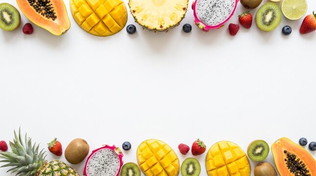Assortment of vibrant tropical fruits forming a creative frame border on a clean white background
