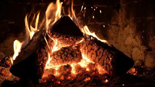 Cozy Fireplace Burning Wood Logs with Bright Flames and Embers - A close-up view of burning wood logs in a fireplace, showcasing bright, dancing flames and glowing embers.