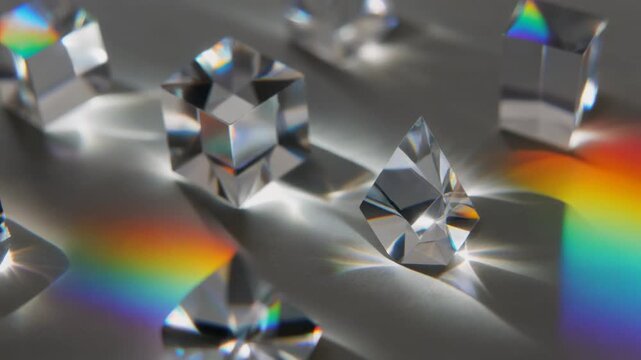 Crystals refracting light into rainbow spectrum, abstract bokeh, science and art concept