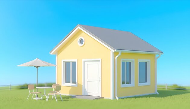 Charming Yellow Cottage with Outdoor Seating Sunny Day