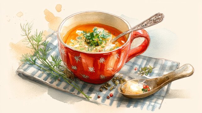 Delicate watercolor painting of comforting homemade vegetable soup with spoon and herbs arranged in cozy presentation