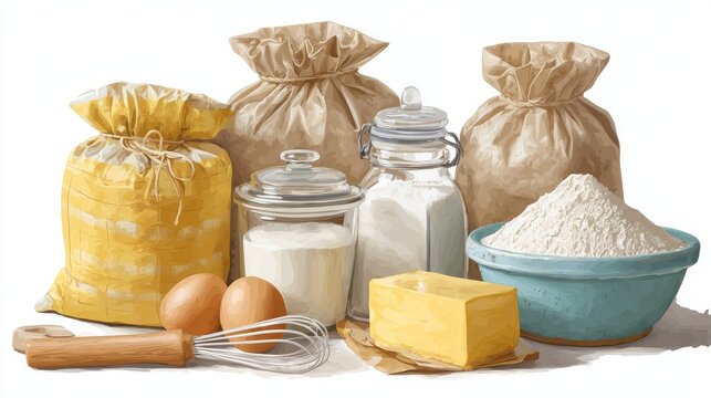 Vector illustration of baking essentials including sacks of flour, sugar jar, salt shaker, eggs, butter stick, and whisk, neatly arranged