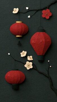 Chinese New Year red lanterns with plum blossoms, Chinese New Year festive textured paper art on dark background, Chinese New Year Asian celebration banner, Chinese New Year Textured Lantern Art