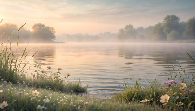 Serene Lakeside Dawn with Mist and Wildflowers