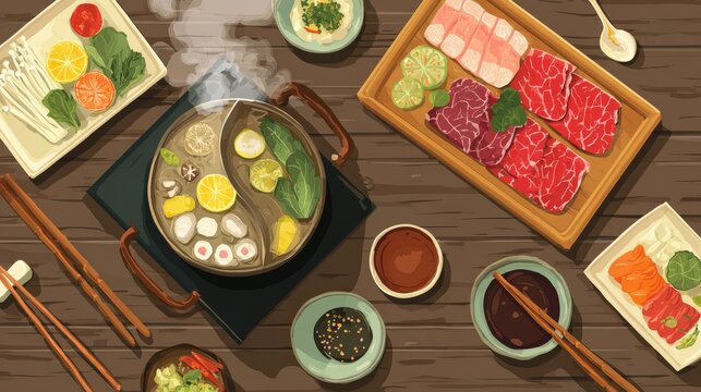 Flat design vector of hot pot dining scene with chopsticks, dipping bowls, shabu-shabu pot, and colorful raw ingredients ready to cook