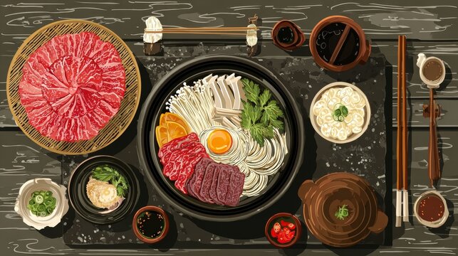Japanese cuisine vector art depicting communal shabu-shabu meal with thinly sliced meats, udon, vegetables, and condiments