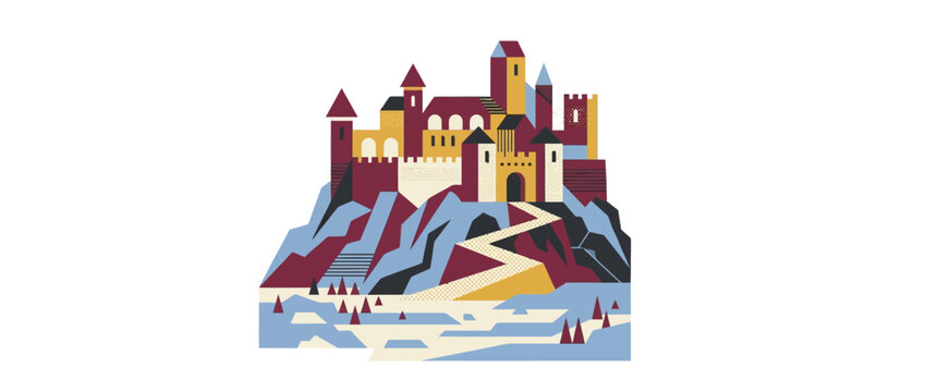 Flat Vector Illustration of a Medieval Castle on a Mountain