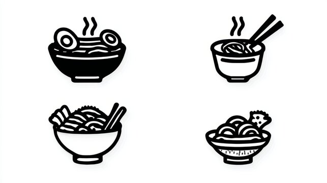 Minimalist noodle pictogram collection showing ramen bowls, instant noodle cup, pasta with fork, and Asian food symbols in black outline