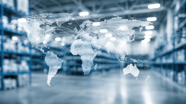 Global logistics network map overlaying warehouse interior