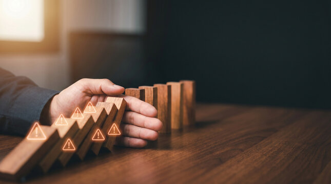 A close-up of a hand stopping falling wooden dominoes, symbolizing business risk management, crisis prevention, and strategic intervention to protect stability and ensure continuity.