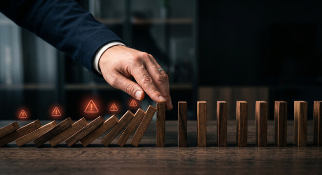 A close-up of a hand stopping falling wooden dominoes, symbolizing business risk management, crisis prevention, and strategic intervention to protect stability and ensure continuity.
