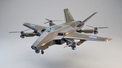 Fototapeta premium Camouflaged military drone aircraft in mid-flight against neutral studio background with copy space