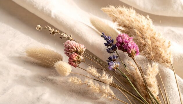 Delicate Dried Flower Arrangement Soft Linen Background