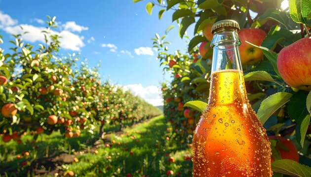 Refreshing Sparkling Beverage Orchard Under Sunny Sky