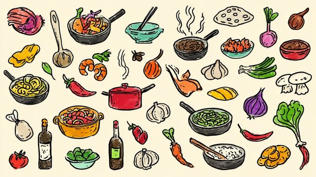 Collection of colorful doodle symbols depicting typical wok pan ingredients for restaurant and street food design themes
