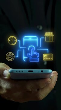 Close-up vertical shot of hand holding smartphone with glowing omnichannel retail ecommerce network icons. Mobile online payment transaction, digital shopping ecosystem, and commerce idea concept.