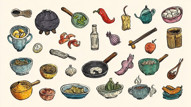Collection of colorful doodle symbols depicting typical wok pan ingredients for restaurant and street food design themes