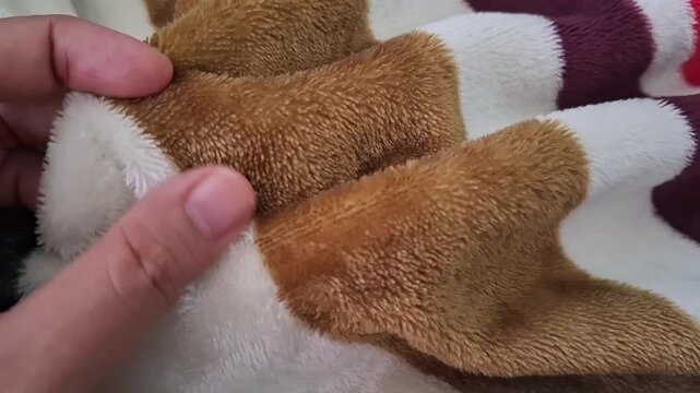 Close-up of a hand touching the soft fuzzy texture of a warm blanket, showing plush fabric surface and tactile material detail.