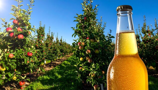 Sunlit Apple Orchard with Refreshing Cold Drink