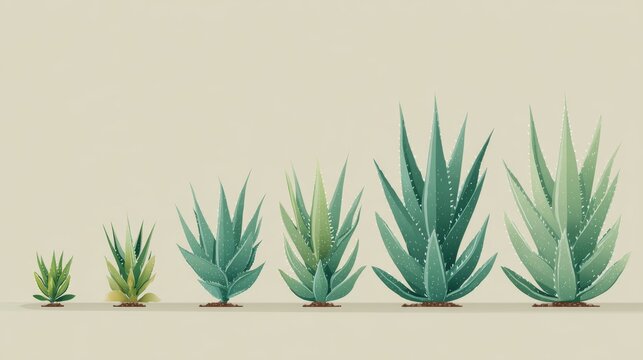 Flat style aloe vera illustration series showing progression of growth with realistic spiky leaves and natural gradient shading