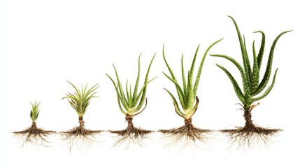 Obraz premium Collection of aloe vera plant designs highlighting various stages with roots, stems, and fleshy leaves arranged neatly