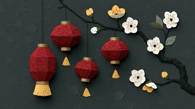 Chinese New Year red lanterns with plum blossoms, Chinese New Year festive textured paper art on dark background, Chinese New Year Asian celebration banner, Chinese New Year Textured Lantern Art