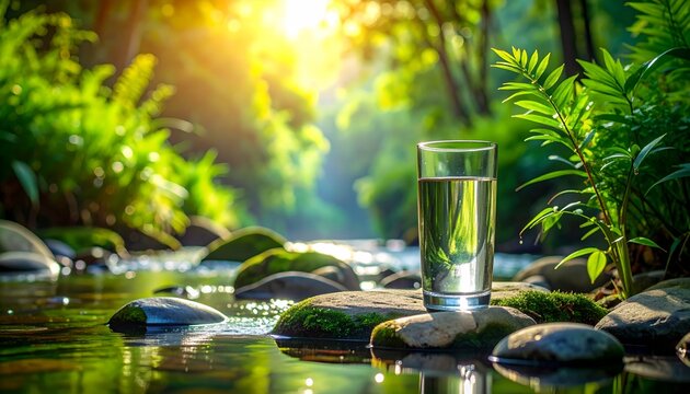 Tranquil Water Glass Streamside Mossy Rock