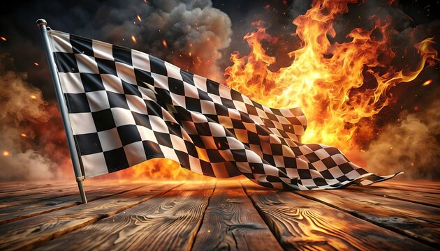 Checkered Flag Amid Fiery Flames