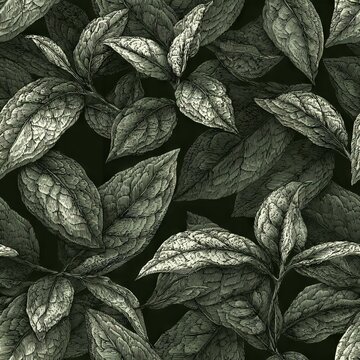 Intricate hand-drawn engraving pattern of green tea leaves repeating seamlessly in monochrome black and white vector style