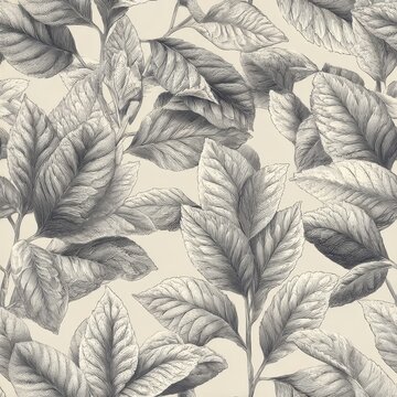 Seamless botanical engraving illustration of detailed tea leaf clusters arranged in continuous background design