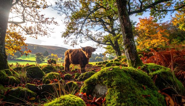 Highland Cow Amid Autumns Tranquil Landscape