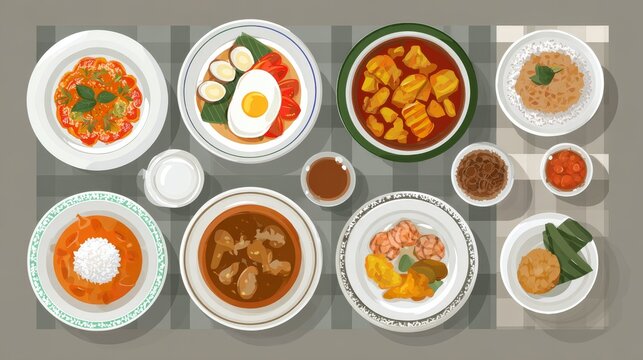 Flat design vector set featuring traditional Thai meals like papaya salad, fried rice, and massaman curry arranged on white plates