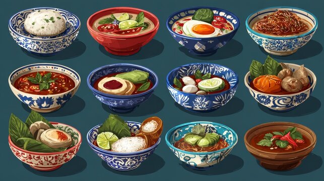 Collection of Thai food vector drawings showing multiple authentic dishes with herbs, spices, and condiments in vibrant colors