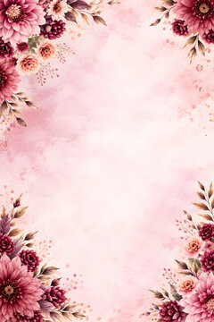 Ethereal Floral Frame: A delicate arrangement of deep pink and maroon dahlias and assorted greenery forms an elegant border against a soft, rosy watercolor background.