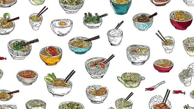 Continuous repeat vector design of doodle-style Asian food icons including noodle bowls, rice dishes, and chopsticks