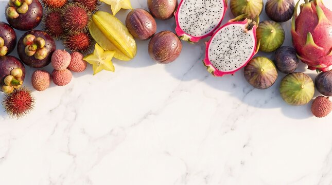 Top view flat lay of various exotic tropical fruits arranged on white marble background with copy space
