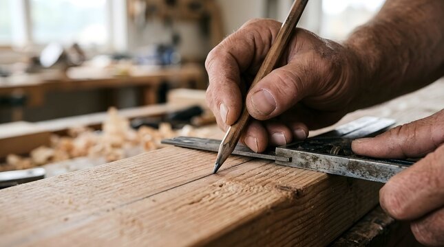 Skilled artisan using pencil and square tool to measure timber plank in workshop