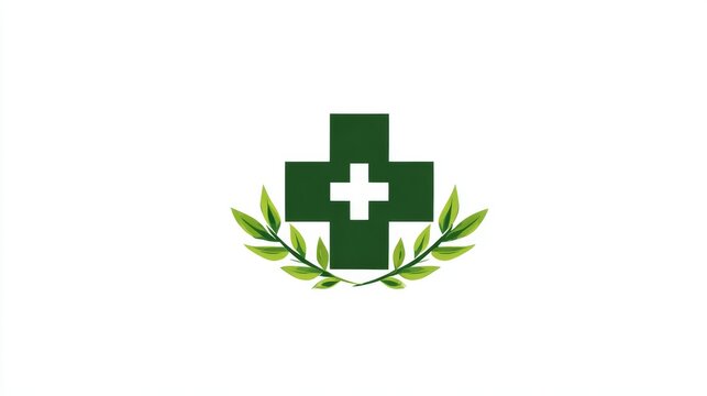 Holistic company vector logo with medical cross icon integrated with botanical plant motifs for wellness and alternative care