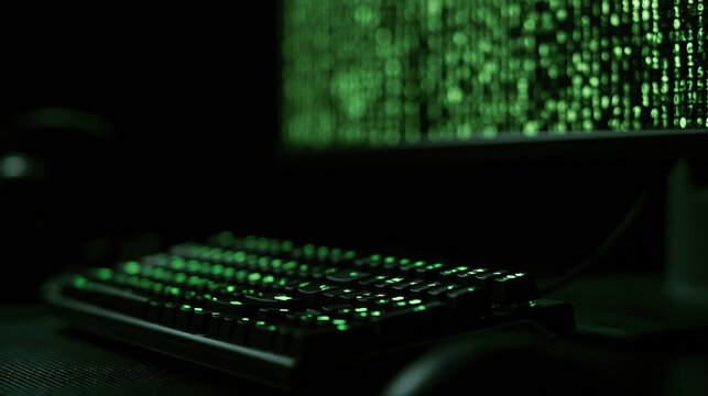Dark computer setup with green illuminated keyboard and