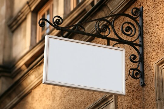Blank white sign on ornate metal bracket