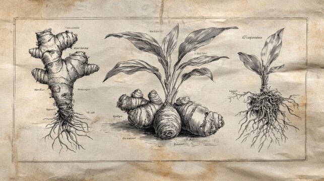 Hand sketched ginger rhizome artwork showing cross-sections, roots, and leaves with textured shading in vintage engraving style