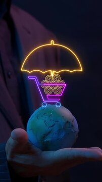 Businessman hand supporting world globe model vertical shot with shopping cart under umbrella. Global retail consumer protection, international ecommerce insurance, and trade safety idea concept.